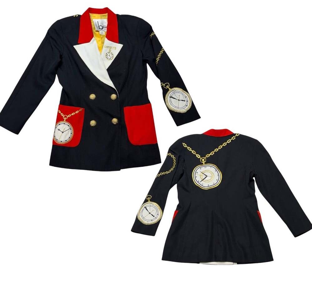 Vintage iBE Blazer Jacket 10 Novelty Pocket Watch Embroidered Wearable Art 80s